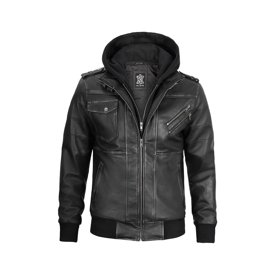 Men's Dark Gray Leather Bomber Jacket with Removable Hood