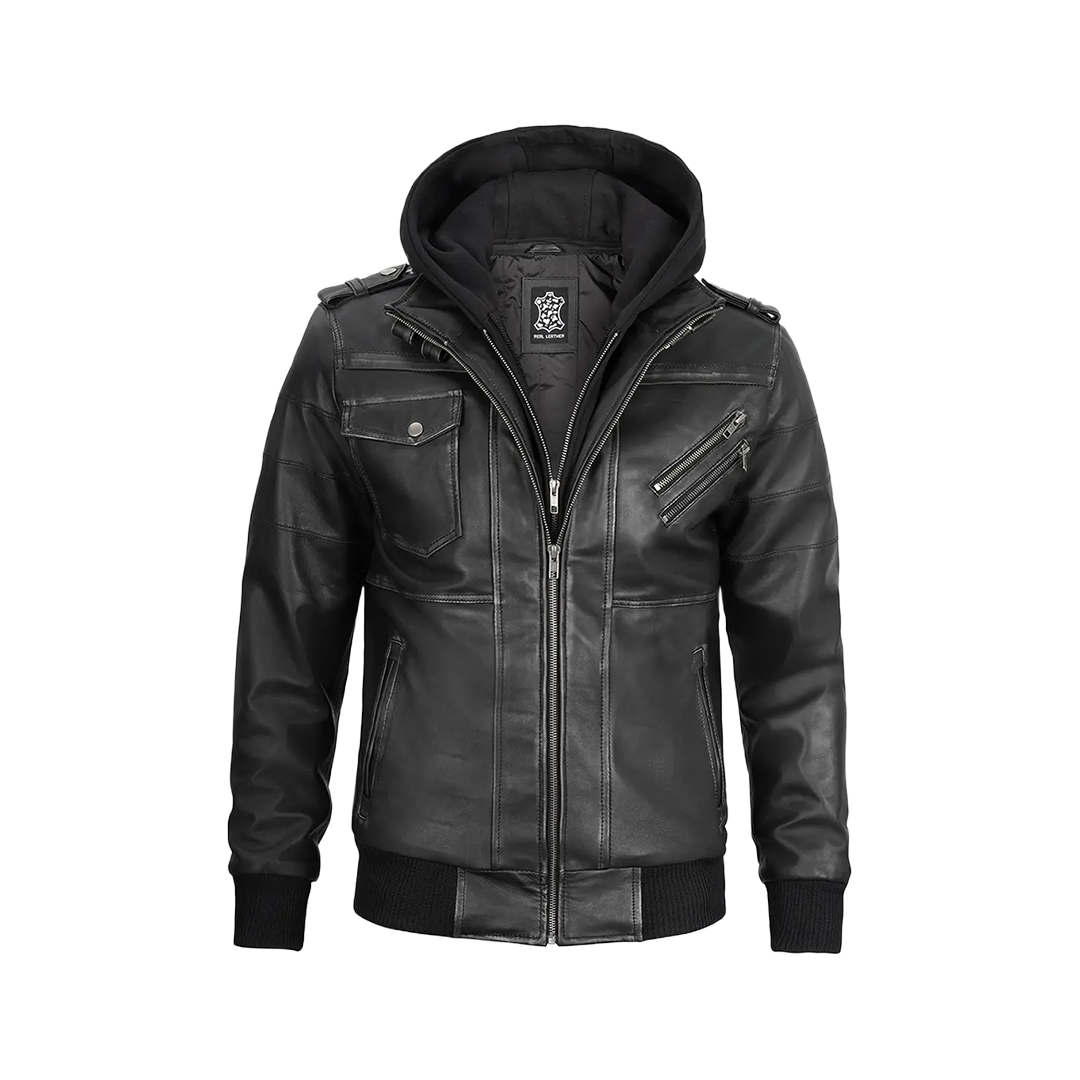 Men's Dark Gray Leather Bomber Jacket with Removable Hood