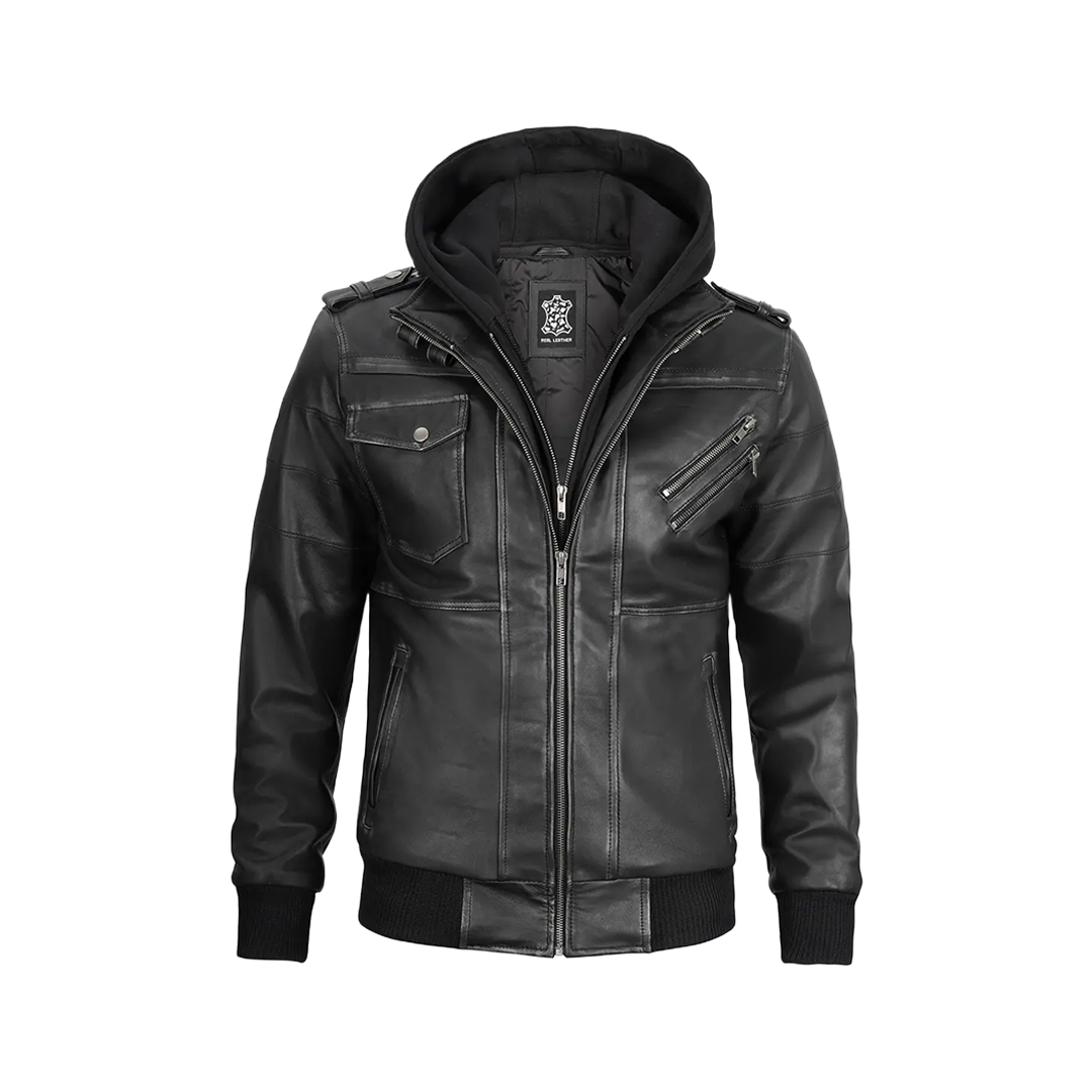 Men's Dark Gray Leather Bomber Jacket with Removable Hood