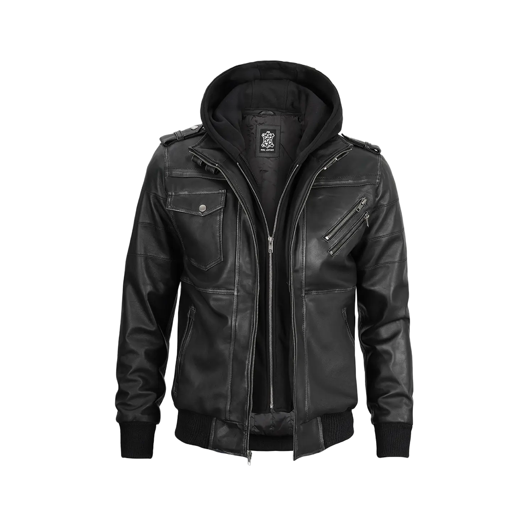 Men's Dark Gray Leather Bomber Jacket with Removable Hood