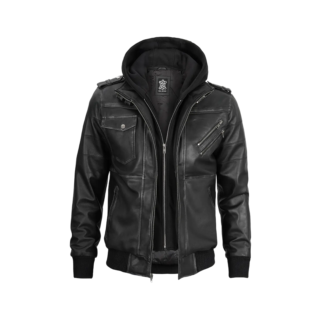 Men's Dark Gray Leather Bomber Jacket with Removable Hood