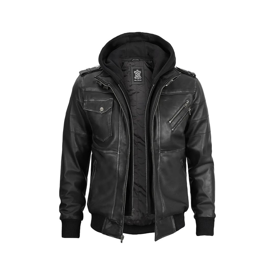 Men's Dark Gray Leather Bomber Jacket with Removable Hood