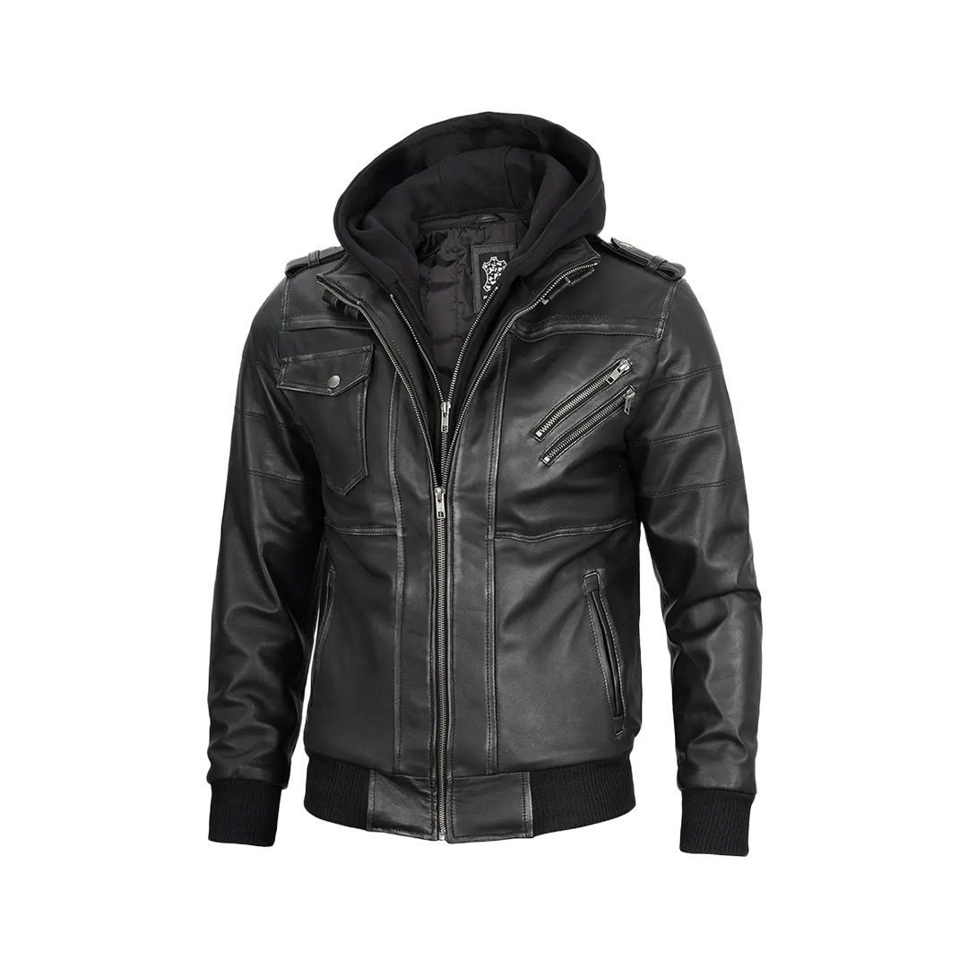 Men's Dark Gray Leather Bomber Jacket with Removable Hood