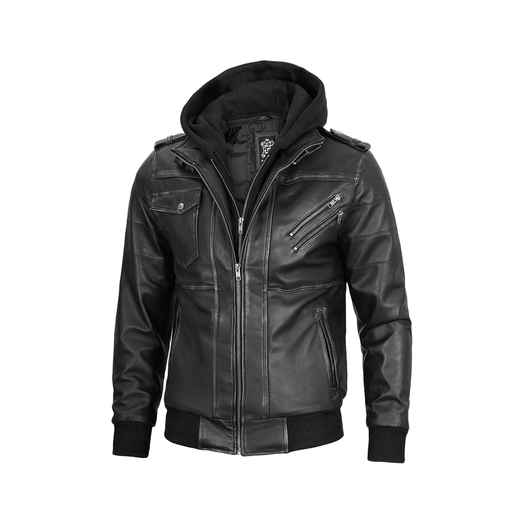 Men's Dark Gray Leather Bomber Jacket with Removable Hood