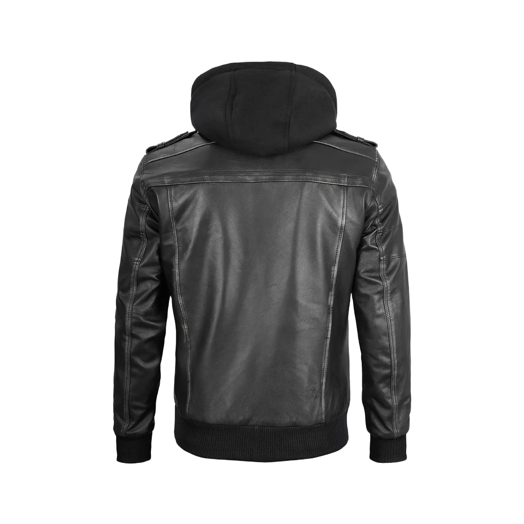 Men's Dark Gray Leather Bomber Jacket with Removable Hood