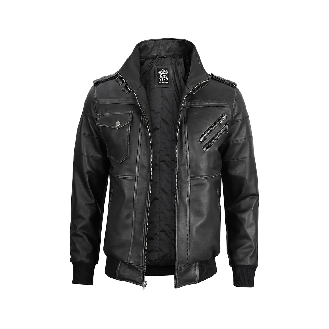 Men's Dark Gray Leather Bomber Jacket with Removable Hood