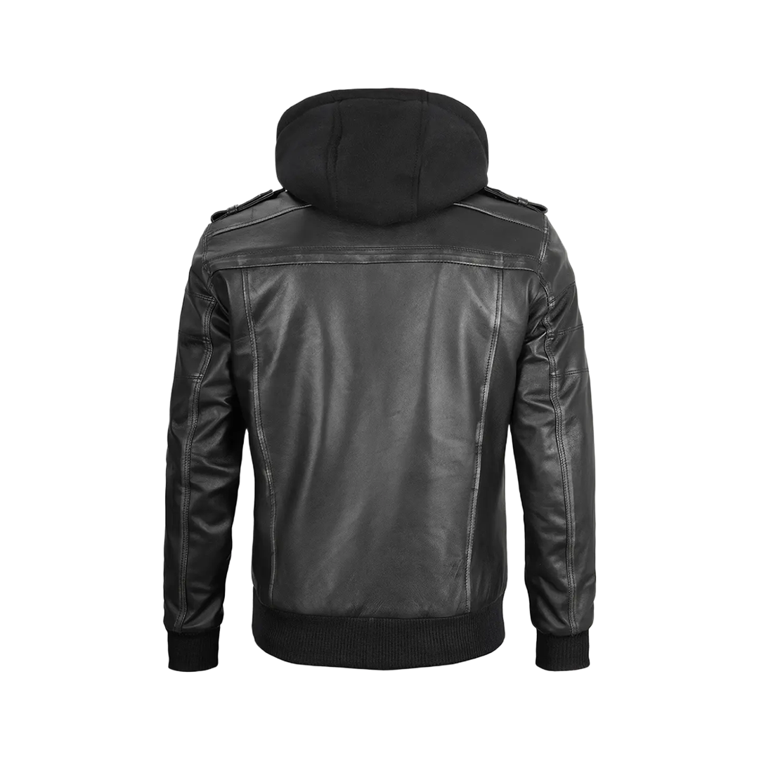 Men's Dark Gray Leather Bomber Jacket with Removable Hood