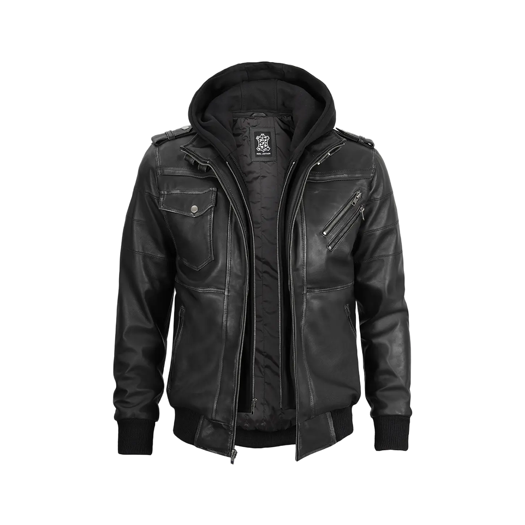 Men's Dark Gray Leather Bomber Jacket with Removable Hood
