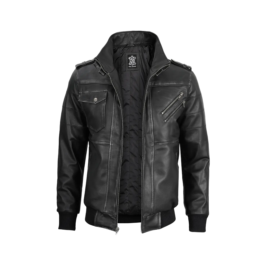Men's Dark Gray Leather Bomber Jacket with Removable Hood