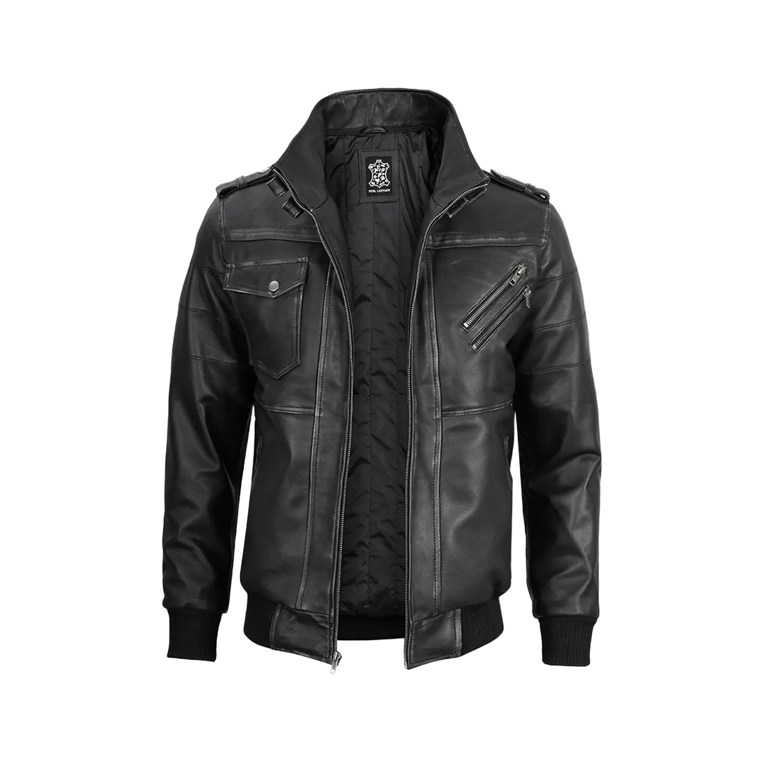 Men's Dark Gray Leather Bomber Jacket with Removable Hood