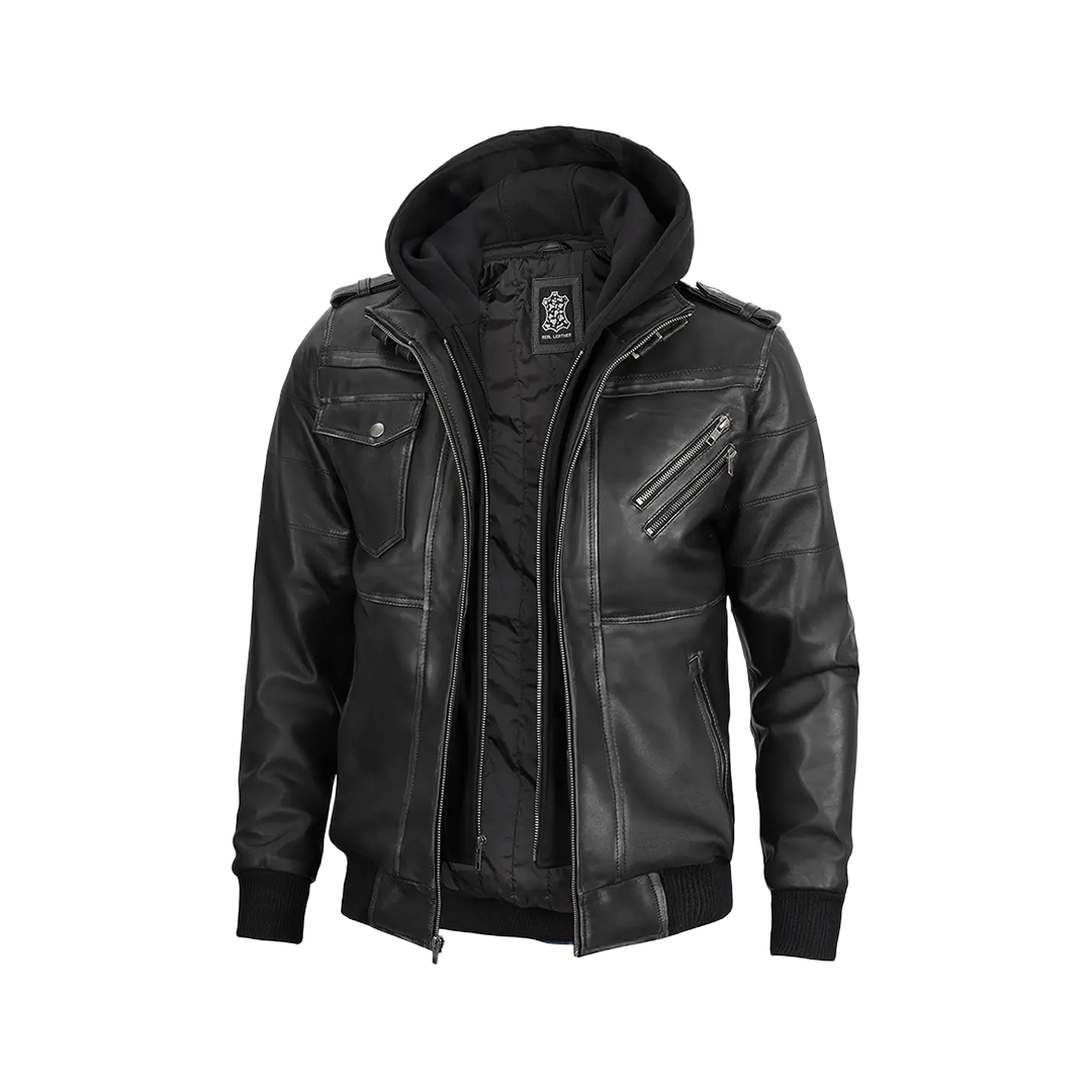 Men's Dark Gray Leather Bomber Jacket with Removable Hood