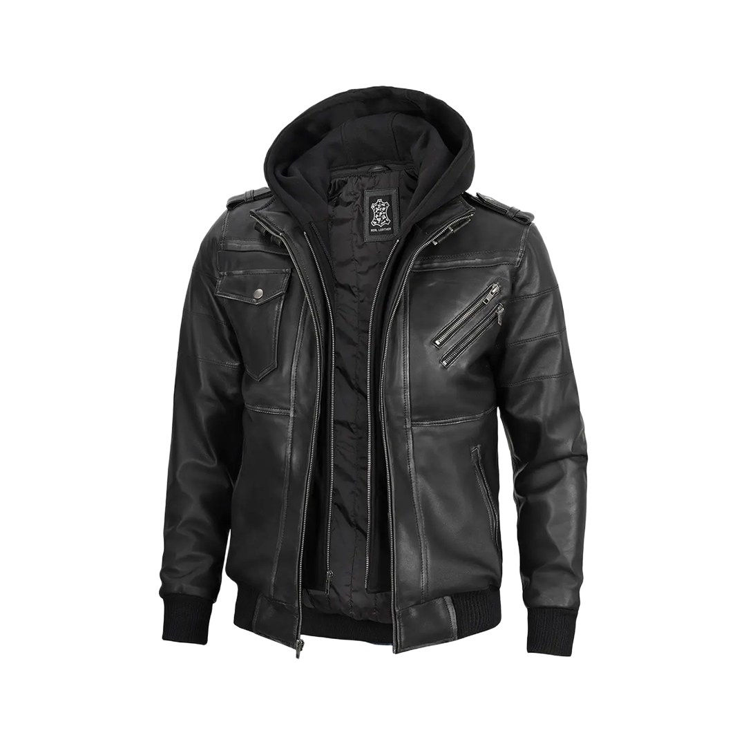 Men's Dark Gray Leather Bomber Jacket with Removable Hood