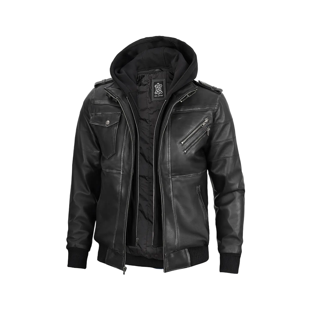 Men's Dark Gray Leather Bomber Jacket with Removable Hood