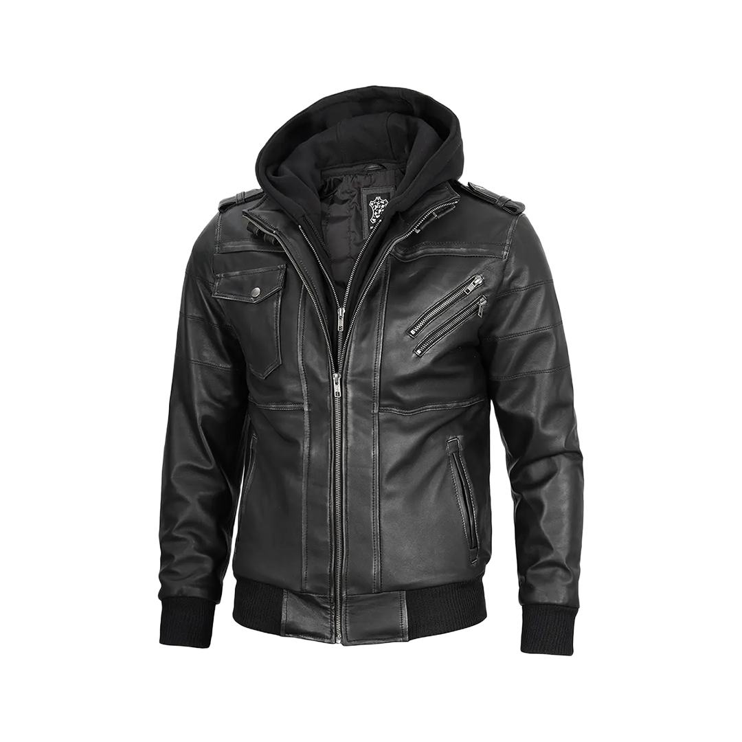 Men's Dark Gray Leather Bomber Jacket with Removable Hood