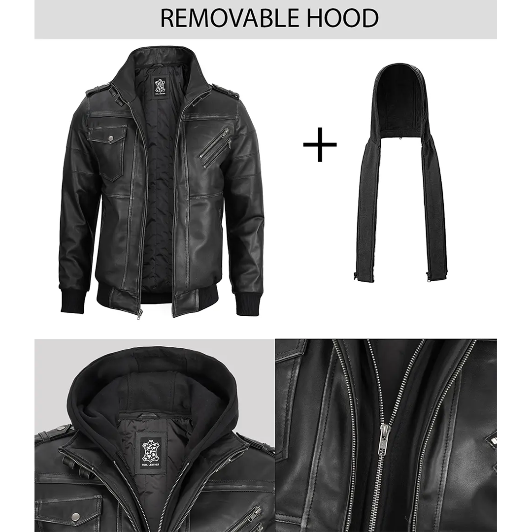 Men's Dark Gray Leather Bomber Jacket with Removable Hood