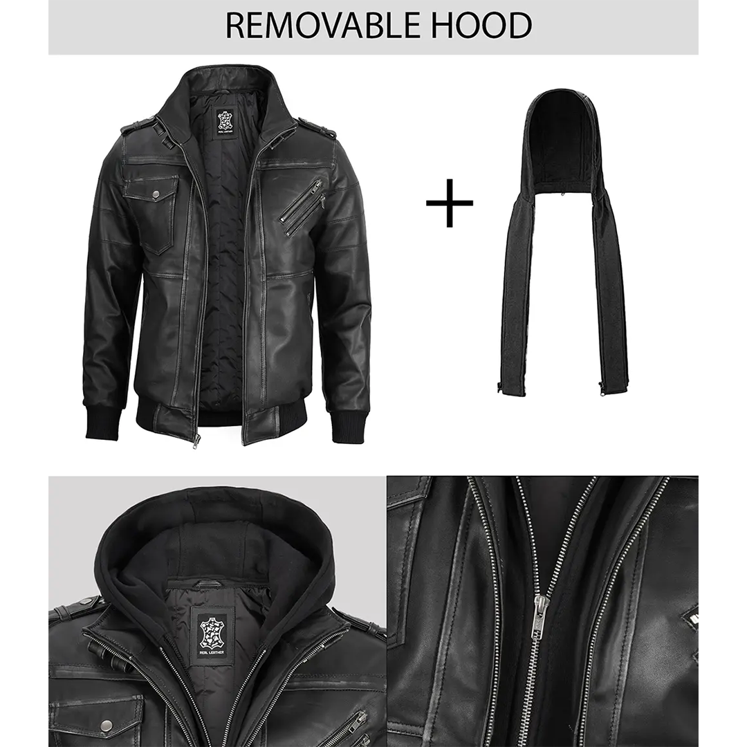 Men's Dark Gray Leather Bomber Jacket with Removable Hood