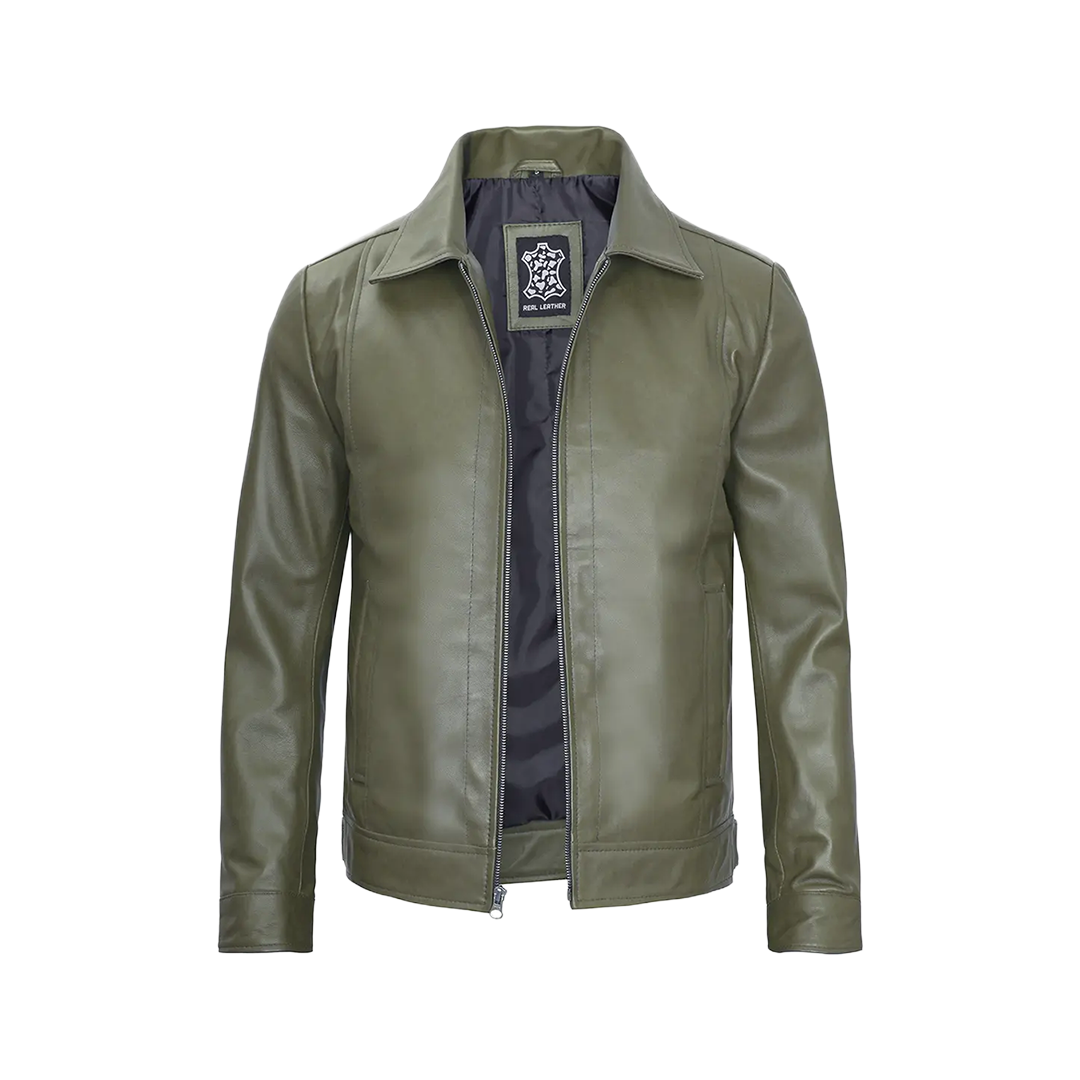 Men's Harrington Olive Green Leather Jacket