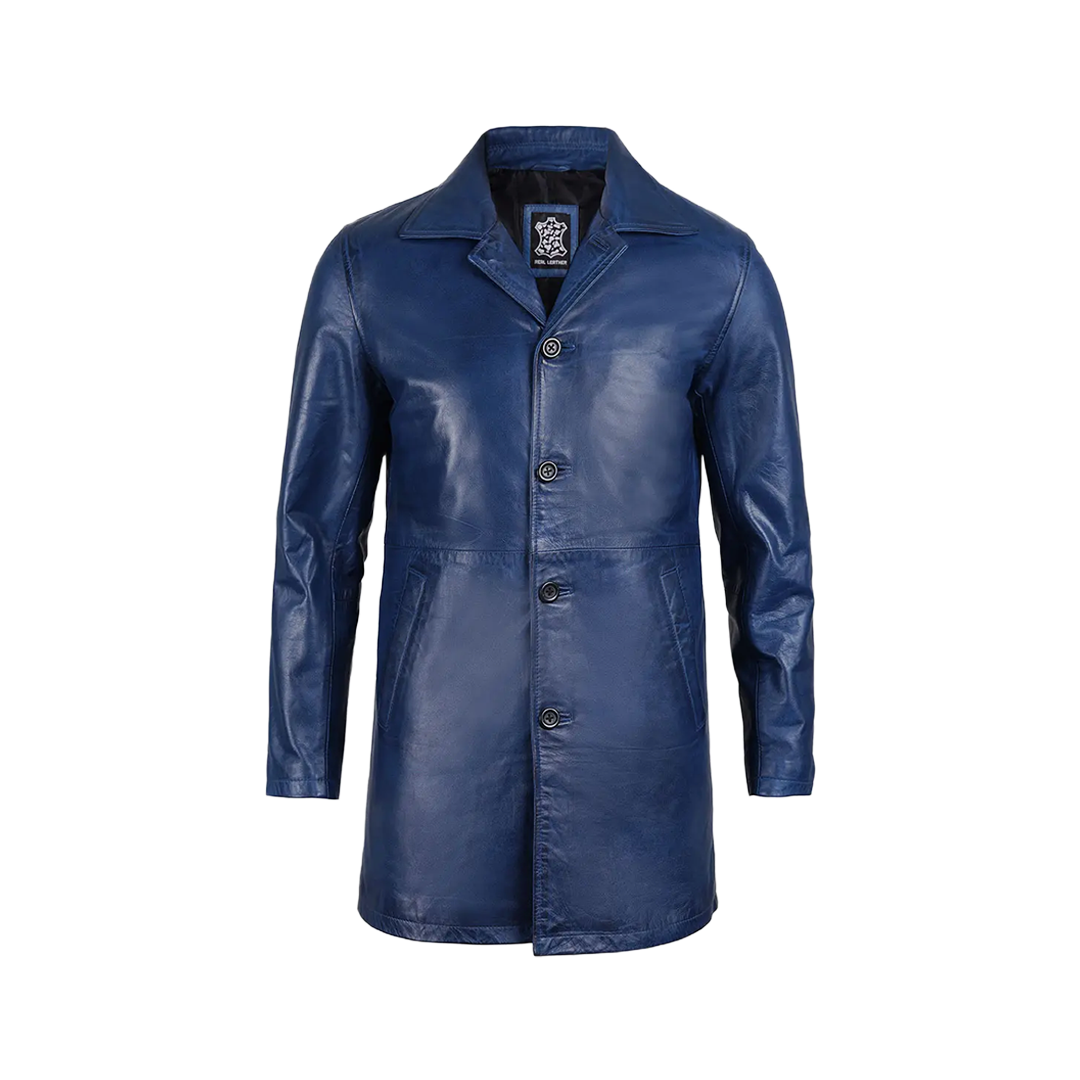 Mens' Blue Waxed Leather 3/4 Car Coat