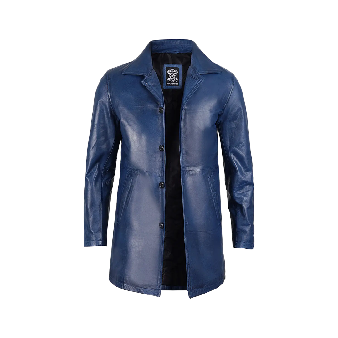 Mens' Blue Waxed Leather 3/4 Car Coat