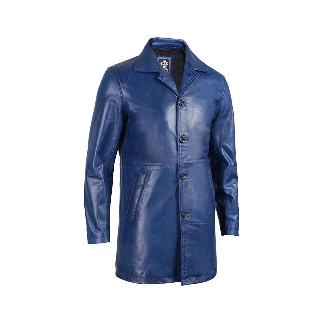 Mens' Blue Waxed Leather 3/4 Car Coat