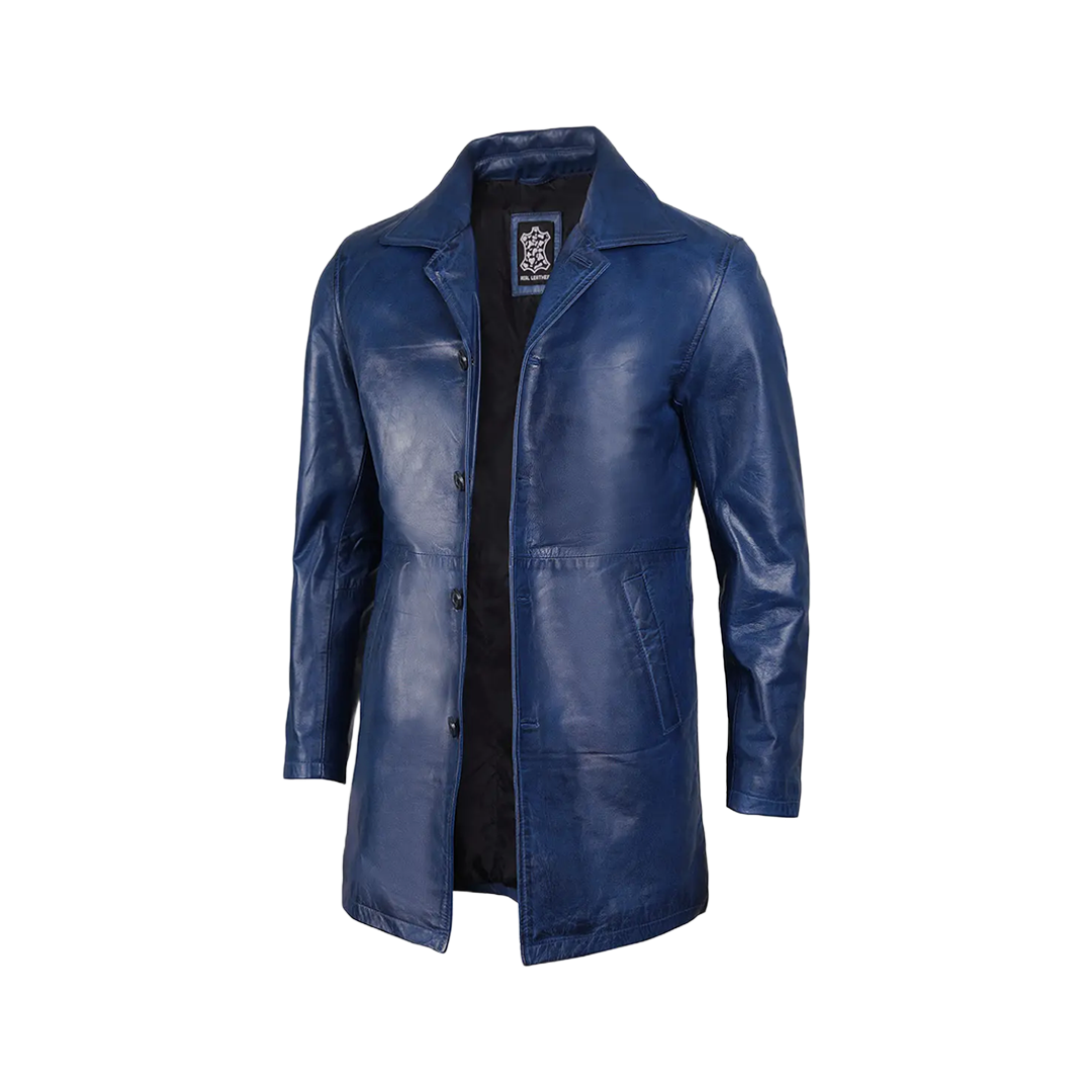 Mens' Blue Waxed Leather 3/4 Car Coat