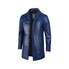 Mens' Blue Waxed Leather 3/4 Car Coat