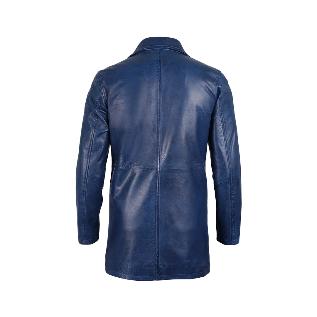 Mens' Blue Waxed Leather 3/4 Car Coat
