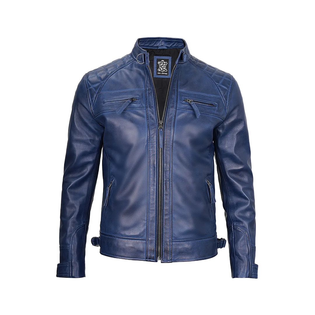 Men's Leather Blue Wax Cafe Racer Biker Jacket