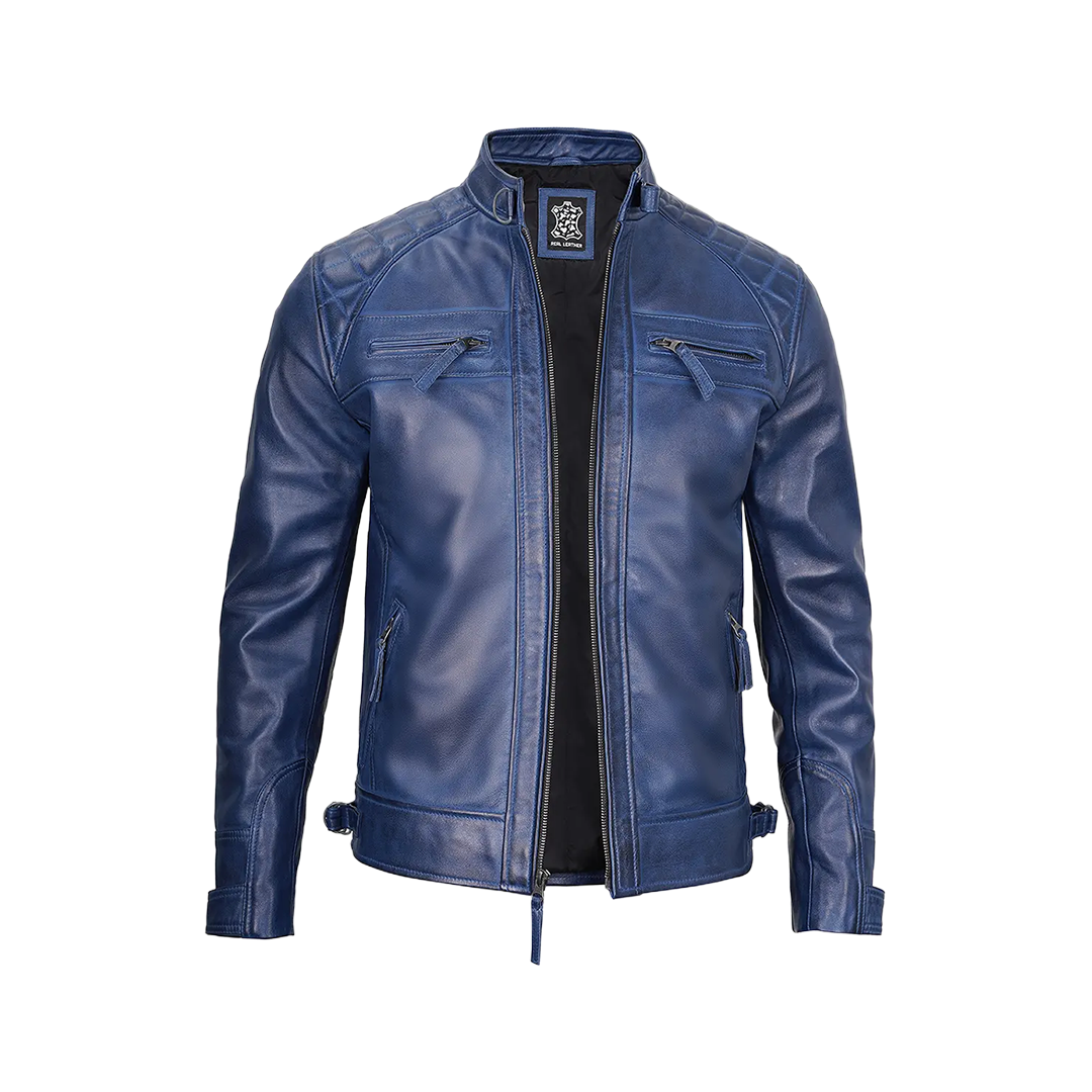 Men's Leather Blue Wax Cafe Racer Biker Jacket
