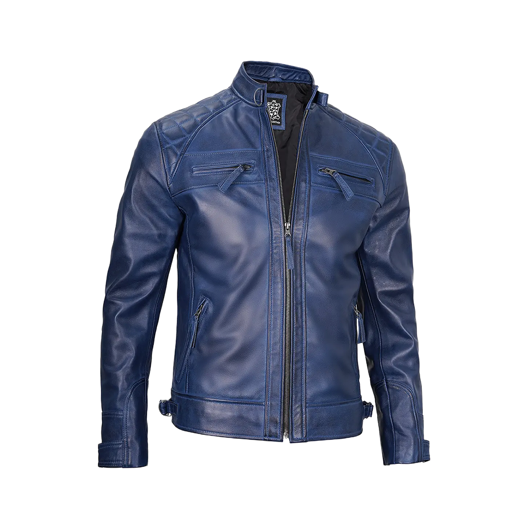 Men's Leather Blue Wax Cafe Racer Biker Jacket