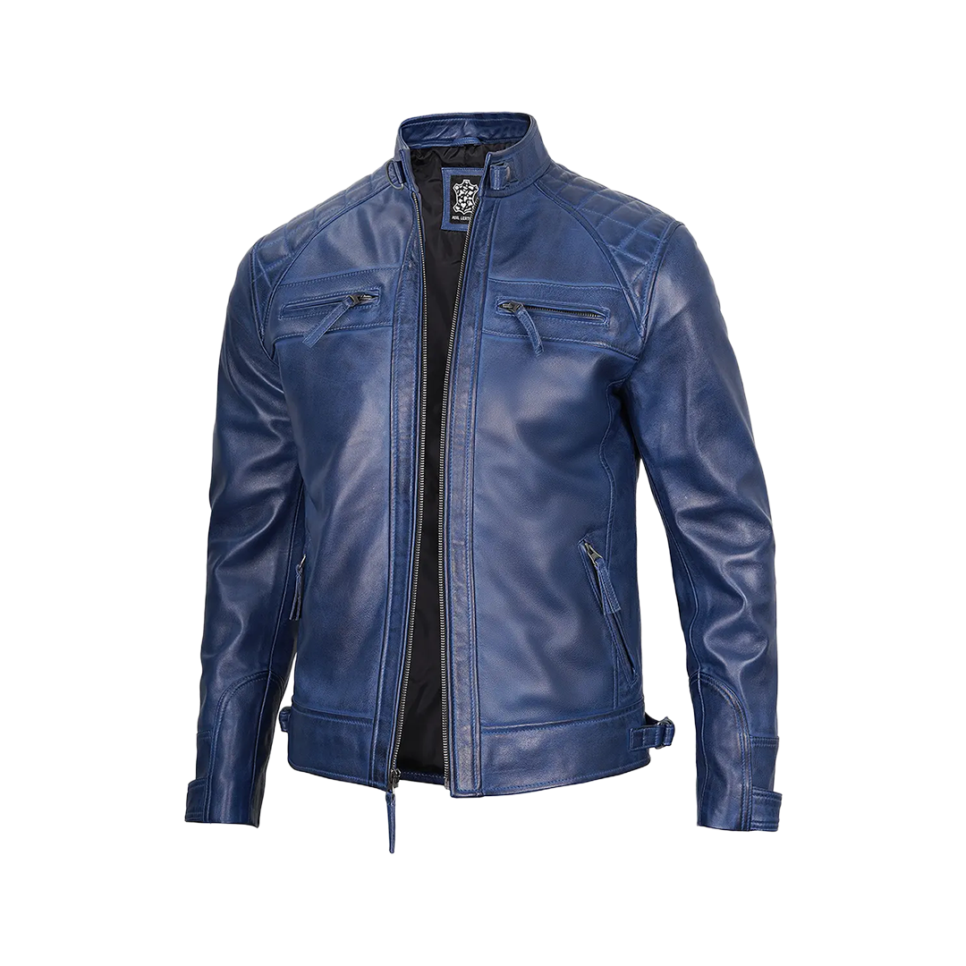 Men's Leather Blue Wax Cafe Racer Biker Jacket
