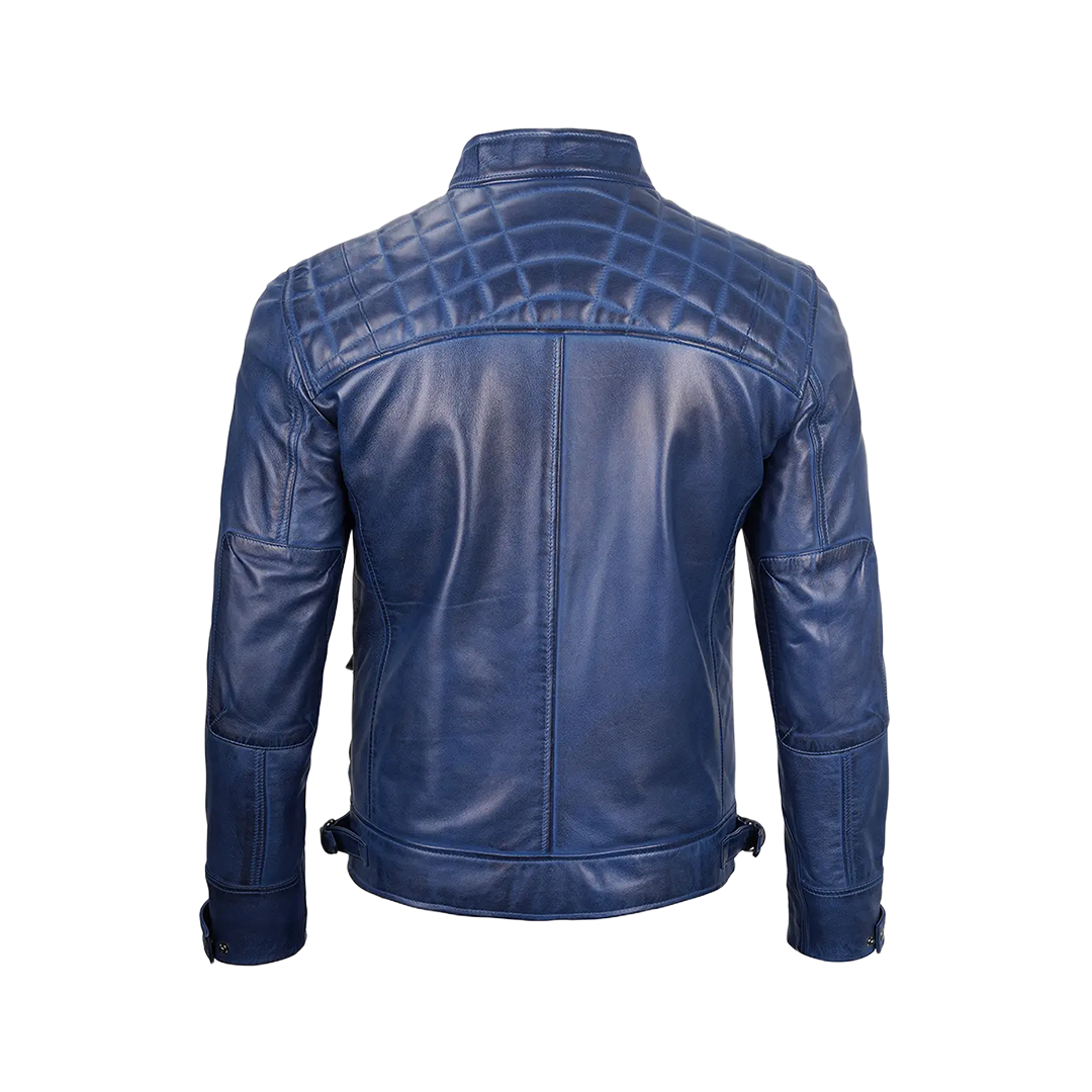 Men's Leather Blue Wax Cafe Racer Biker Jacket