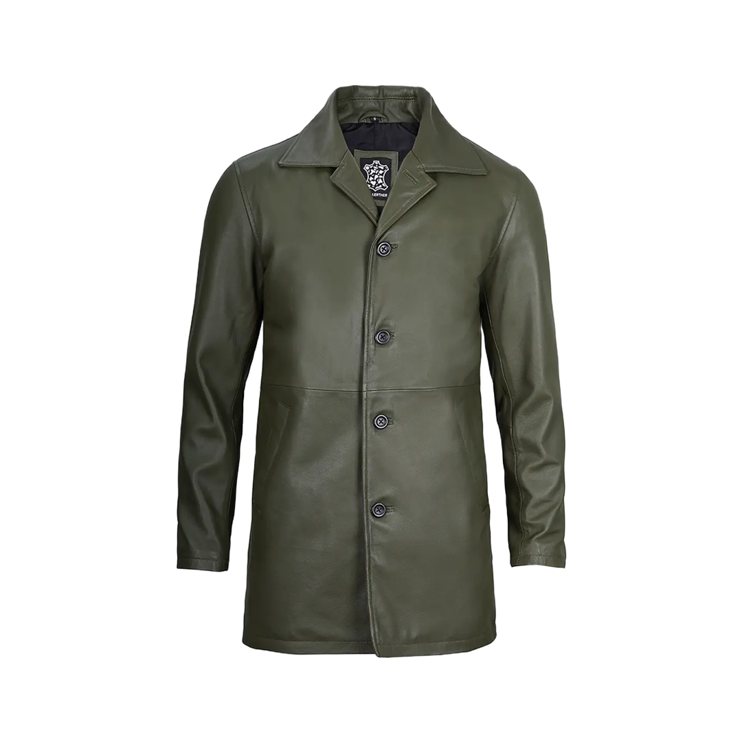 Men's Leather Military Green 3/4 Car Coat