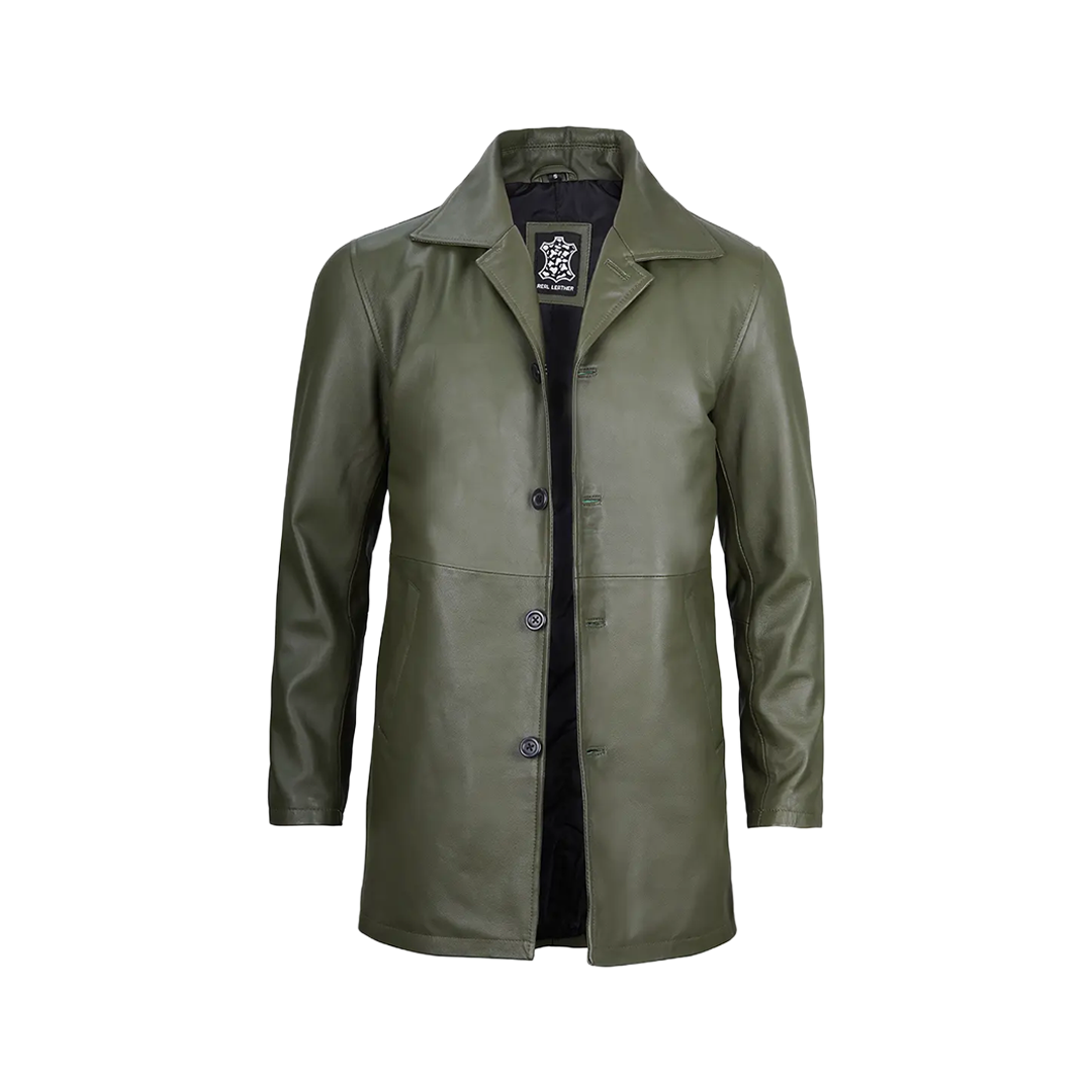 Men's Leather Military Green 3/4 Car Coat