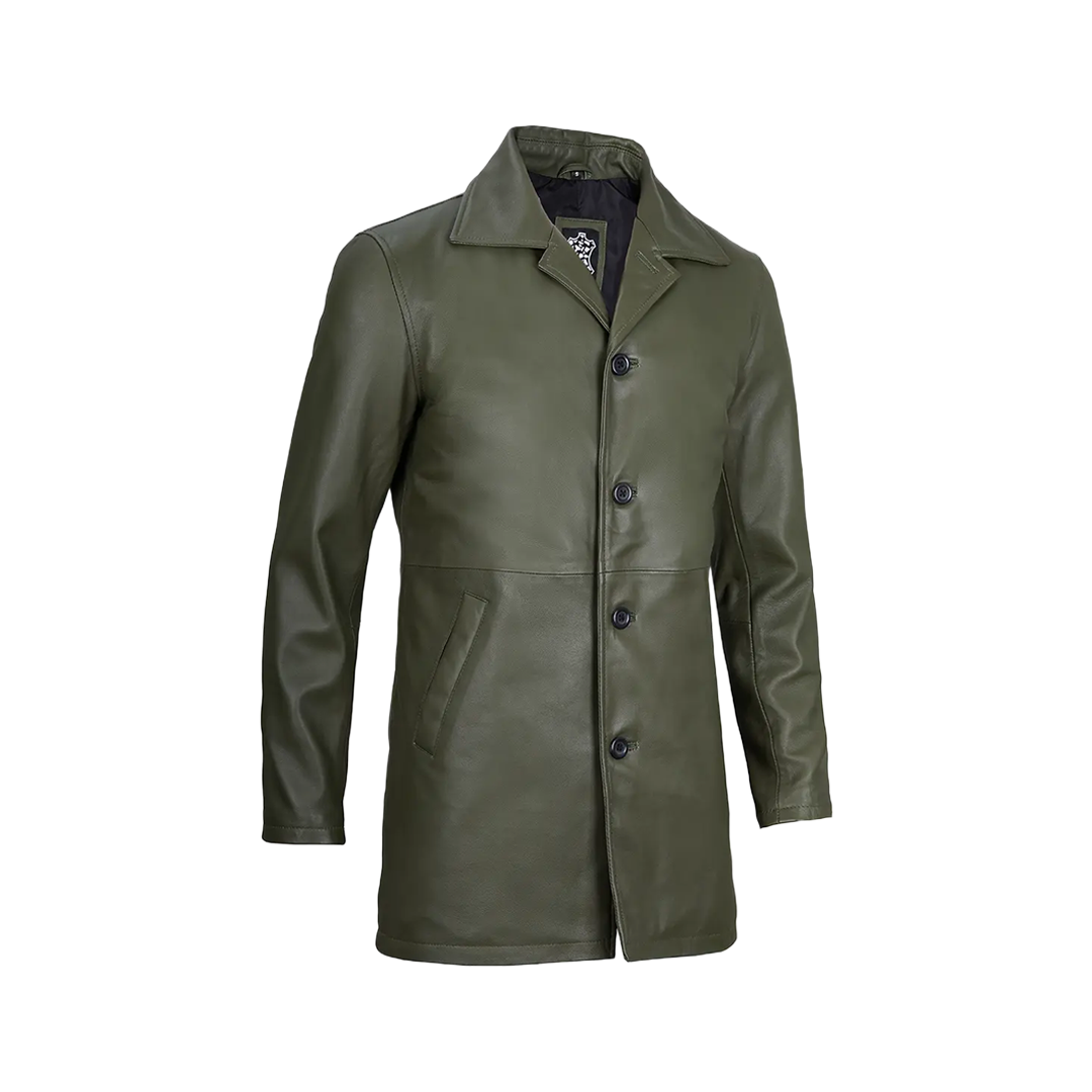 Men's Leather Military Green 3/4 Car Coat