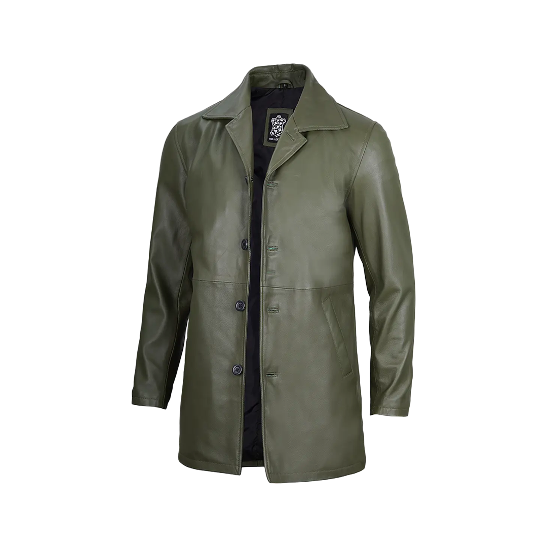Men's Leather Military Green 3/4 Car Coat
