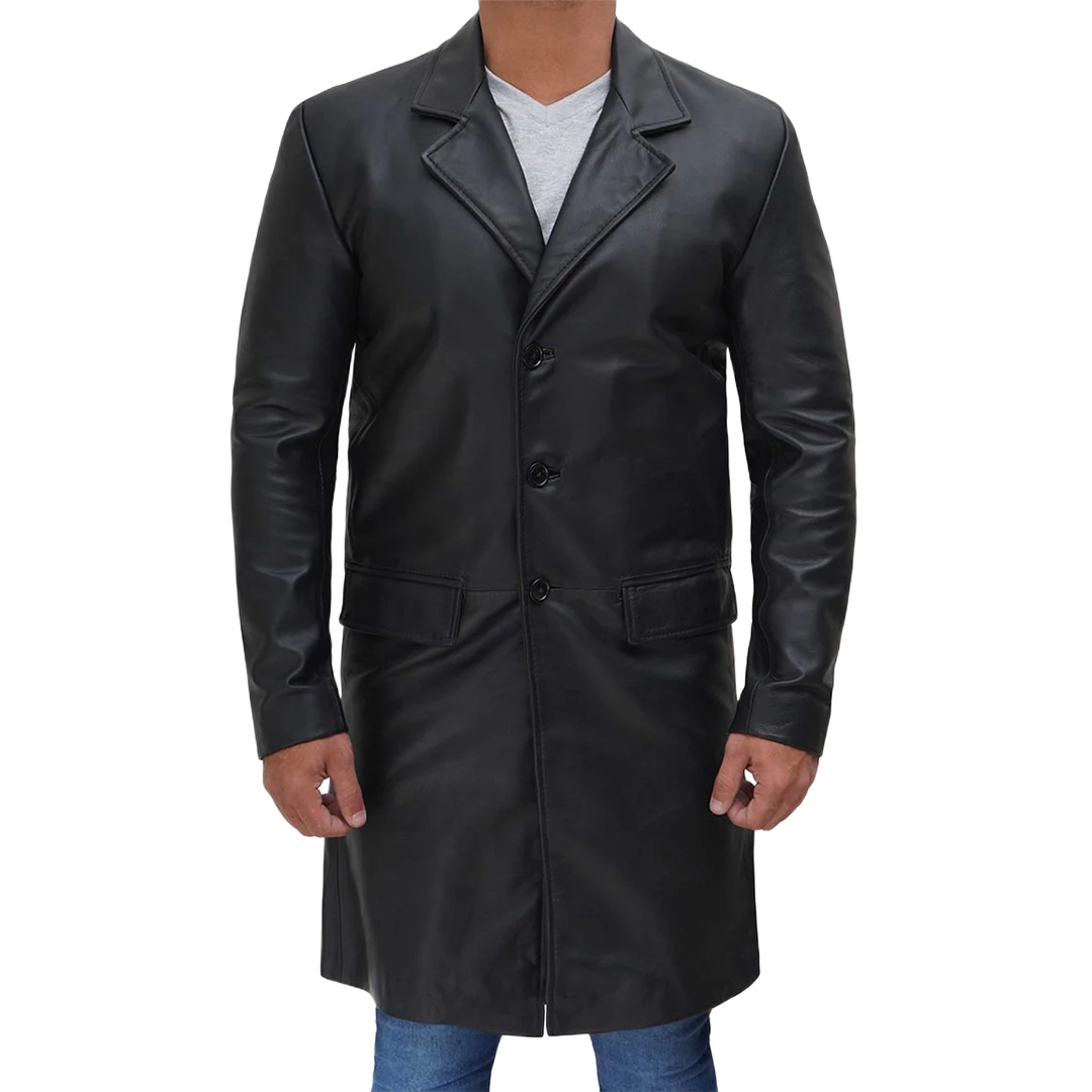 Men's Long Black Real Cowhide Leather Trench Coat