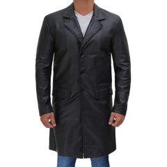 Men's Long Black Real Cowhide Leather Trench Coat