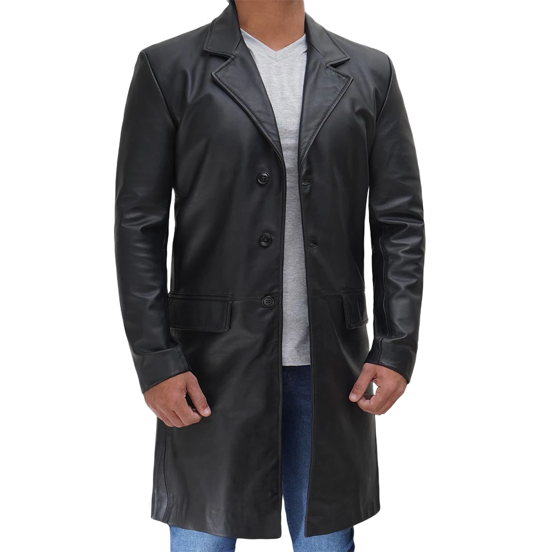 Men's Long Black Real Cowhide Leather Trench Coat