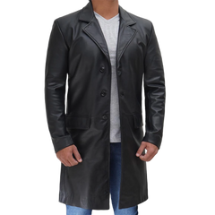 Men's Long Black Real Cowhide Leather Trench Coat