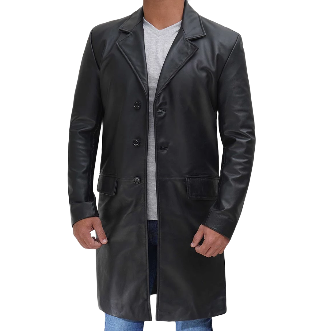 Men's Long Black Real Cowhide Leather Trench Coat