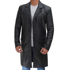 Men's Long Black Real Cowhide Leather Trench Coat