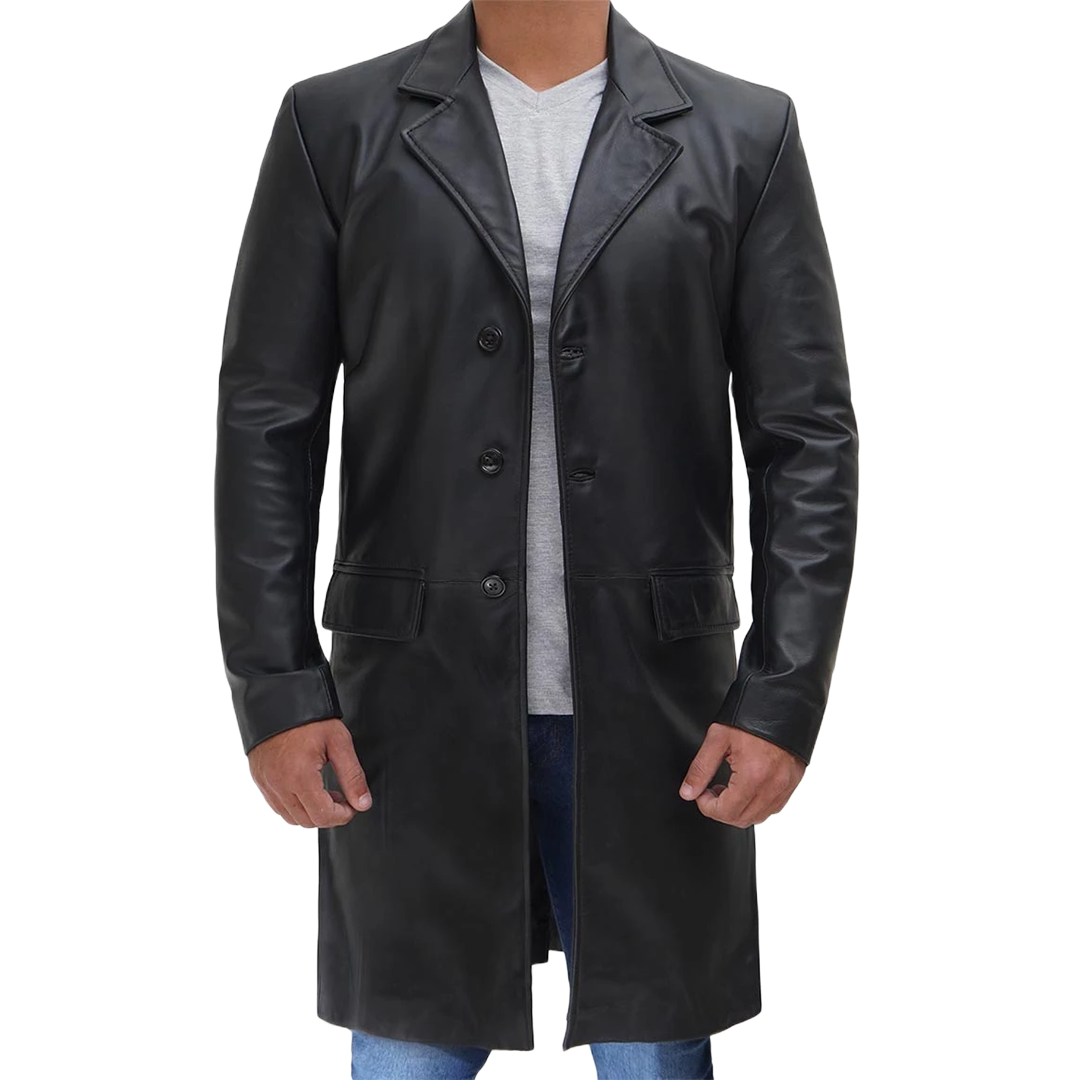 Men's Long Black Real Cowhide Leather Trench Coat