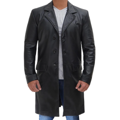 Men's Long Black Real Cowhide Leather Trench Coat