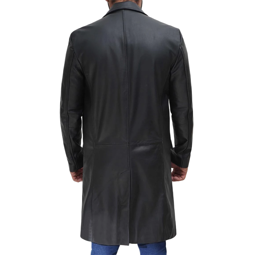 Men's Long Black Real Cowhide Leather Trench Coat