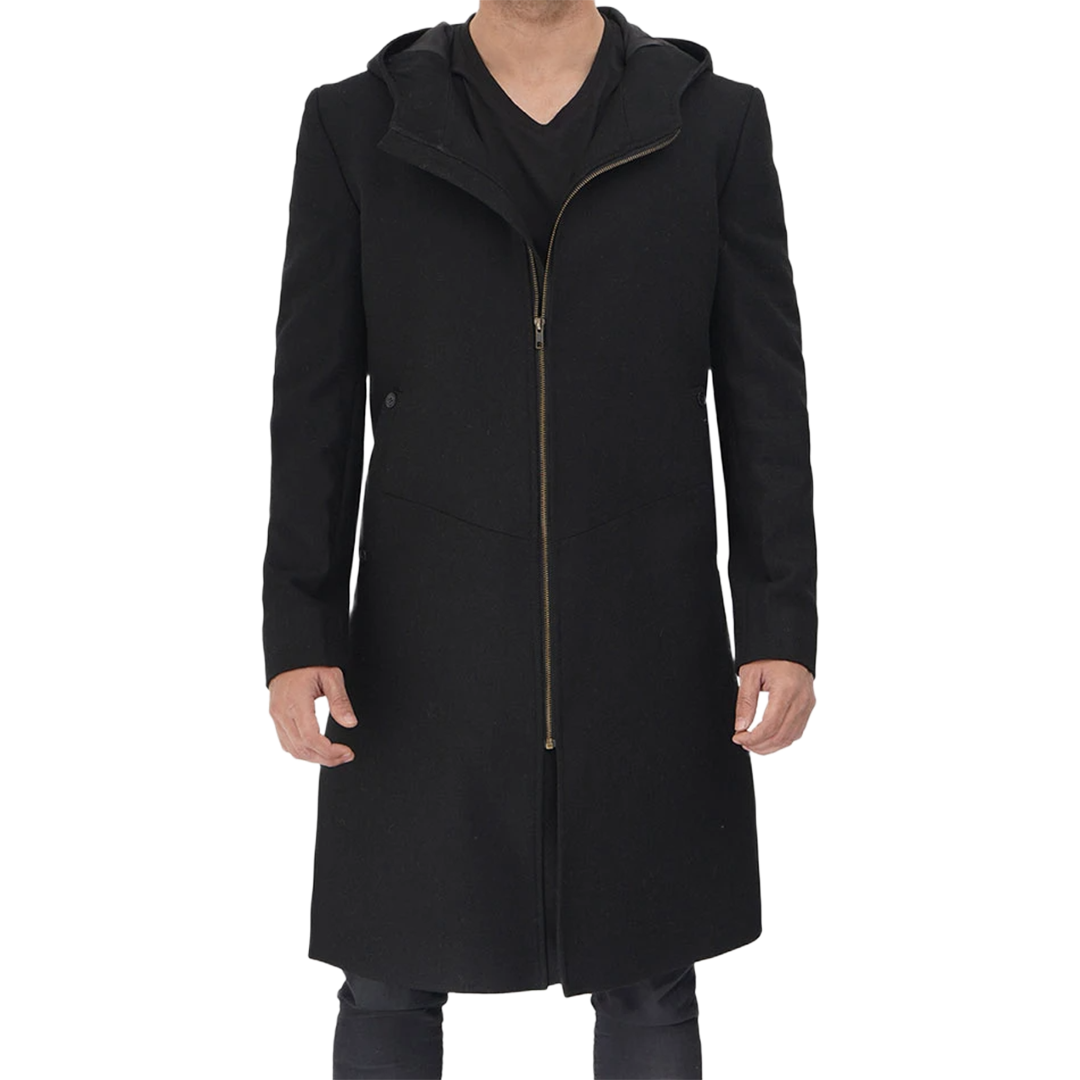 Men's Long Black Wool Coat with Hood
