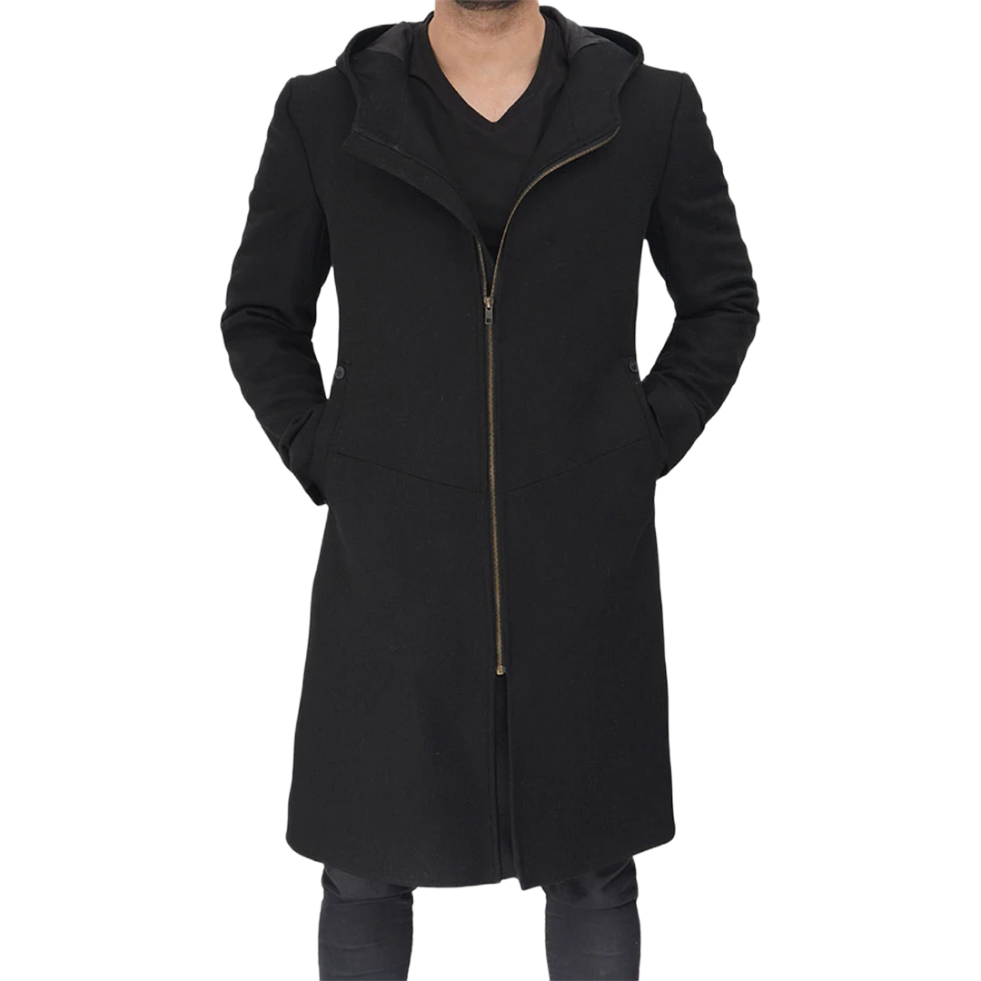 Men's Long Black Wool Coat with Hood