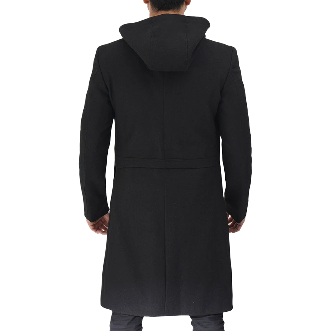 Men's Long Black Wool Coat with Hood
