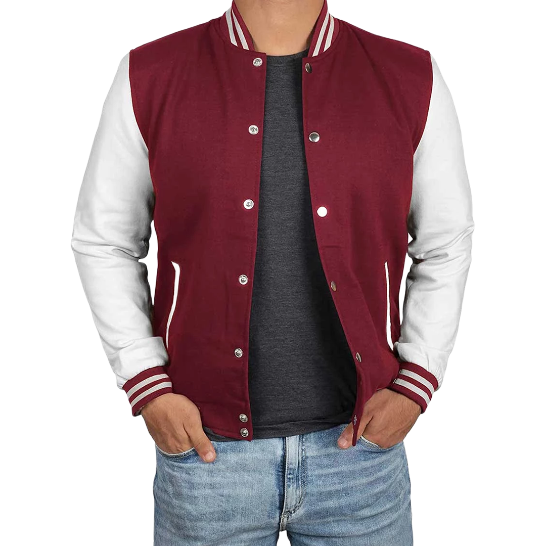 Men's Maroon and White Varsity Jacket - Letterman Bomber Style