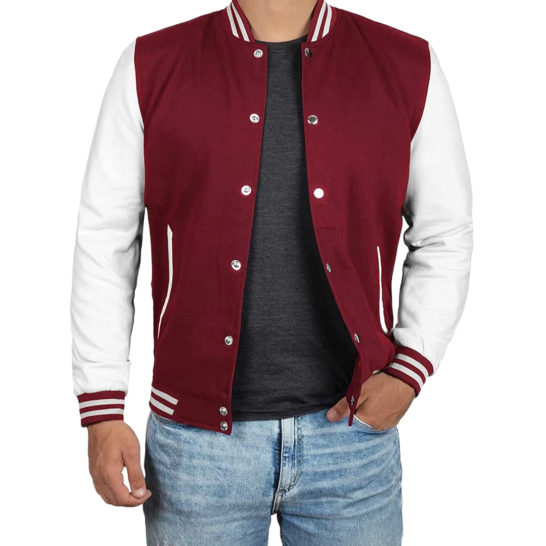 Men's Maroon and White Varsity Jacket - Letterman Bomber Style
